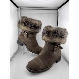 Cougar Winter Boots Women‎ 7M Taupe Suede Faux Fur Fold-Over Buckle Heel Franca